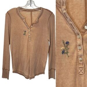 Aerie Tan Long Sleeve Henley Top embroidered 
Broken-in size Small